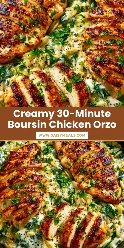 An overhead shot of creamy Boursin chicken and orzo in a white bowl, garnished with fresh herbs. This one-pan dinner is easy and delicious.