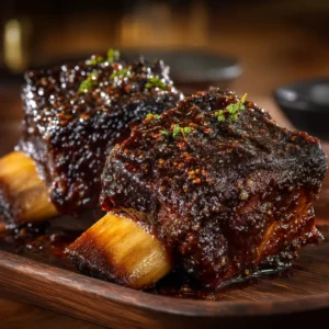 Extreme close-up of braised Asian beef short ribs, showing the tender, juicy meat pulling away from the bone, coated in a savory sauce.
