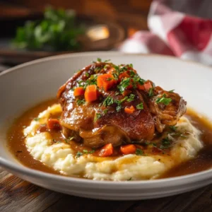 A beautiful shot of braised chicken thighs simmering in a rich, rustic tomato and vegetable sauce in a Dutch oven. The dish is being prepared for the classic Osso Bucco style meal.
