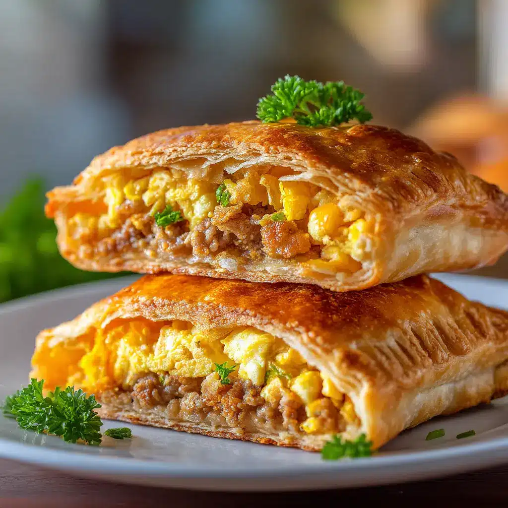 The inside of a homemade breakfast pocket, showing the generous filling of melted cheese, scrambled eggs, and crumbled sausage.