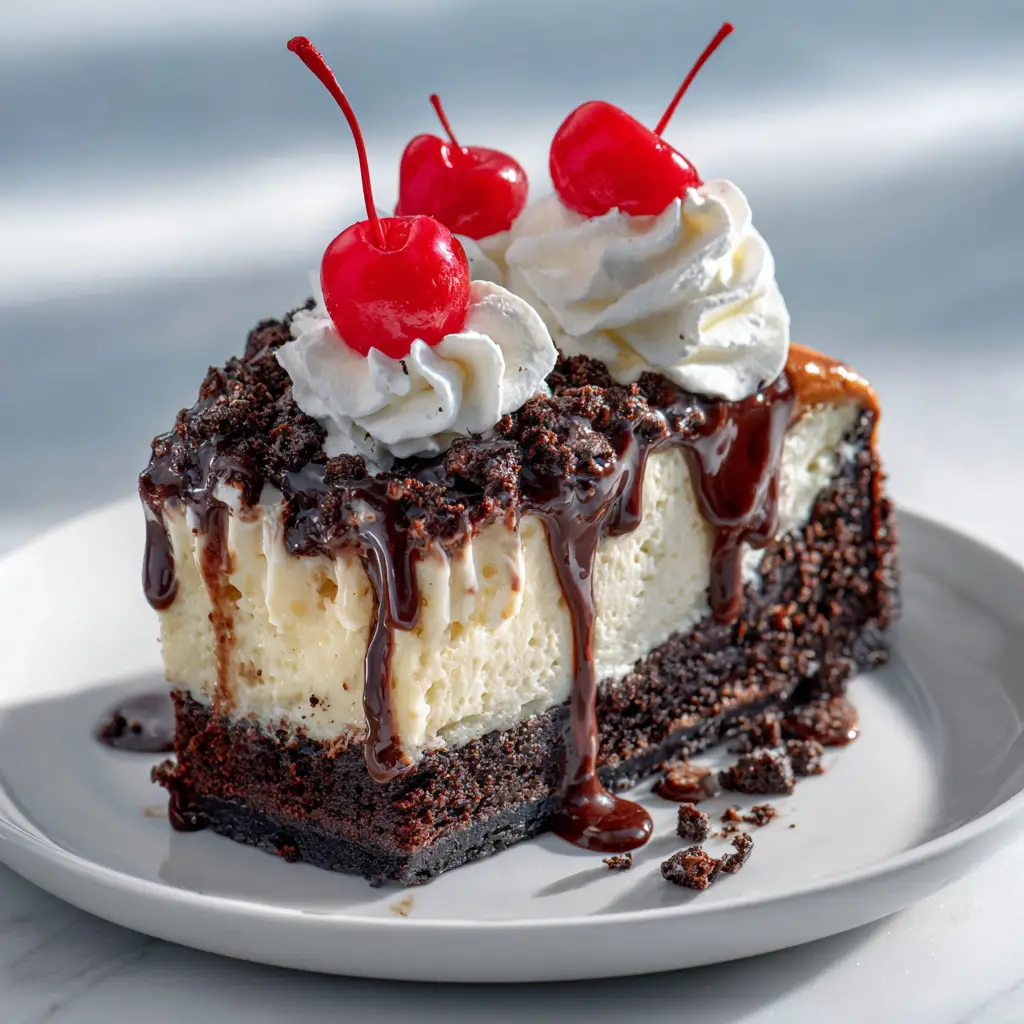 A slice of decadent brownie bottom cheesecake, showing the distinct layers of rich brownie and creamy cheesecake filling before the toppings are added.