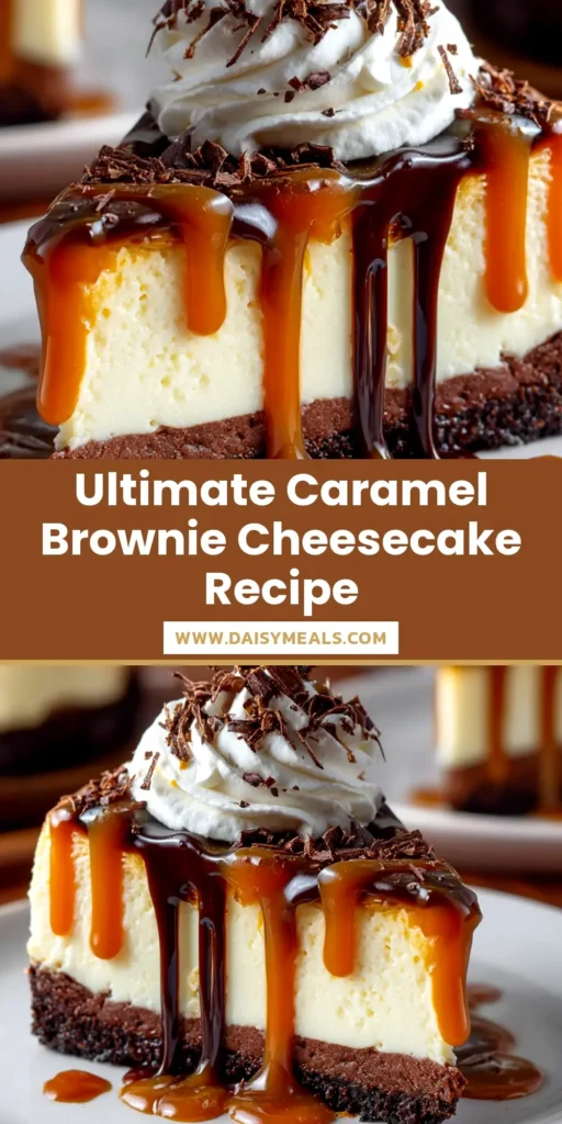 A stunning Caramel Brownie Cheesecake on a serving platter, with a slice taken out to show the rich brownie base and creamy cheesecake layer, drizzled with caramel.
