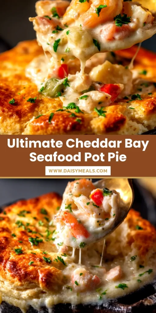A golden-brown Cheddar Bay Biscuit Seafood Pot Pie in a baking dish, with the creamy seafood filling bubbling around the cheesy biscuit topping.