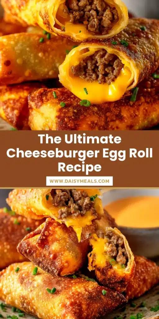 A platter of golden brown and crispy Cheeseburger Eggrolls, with one cut in half to show the beef and cheese filling, served with a side of special dipping sauce.