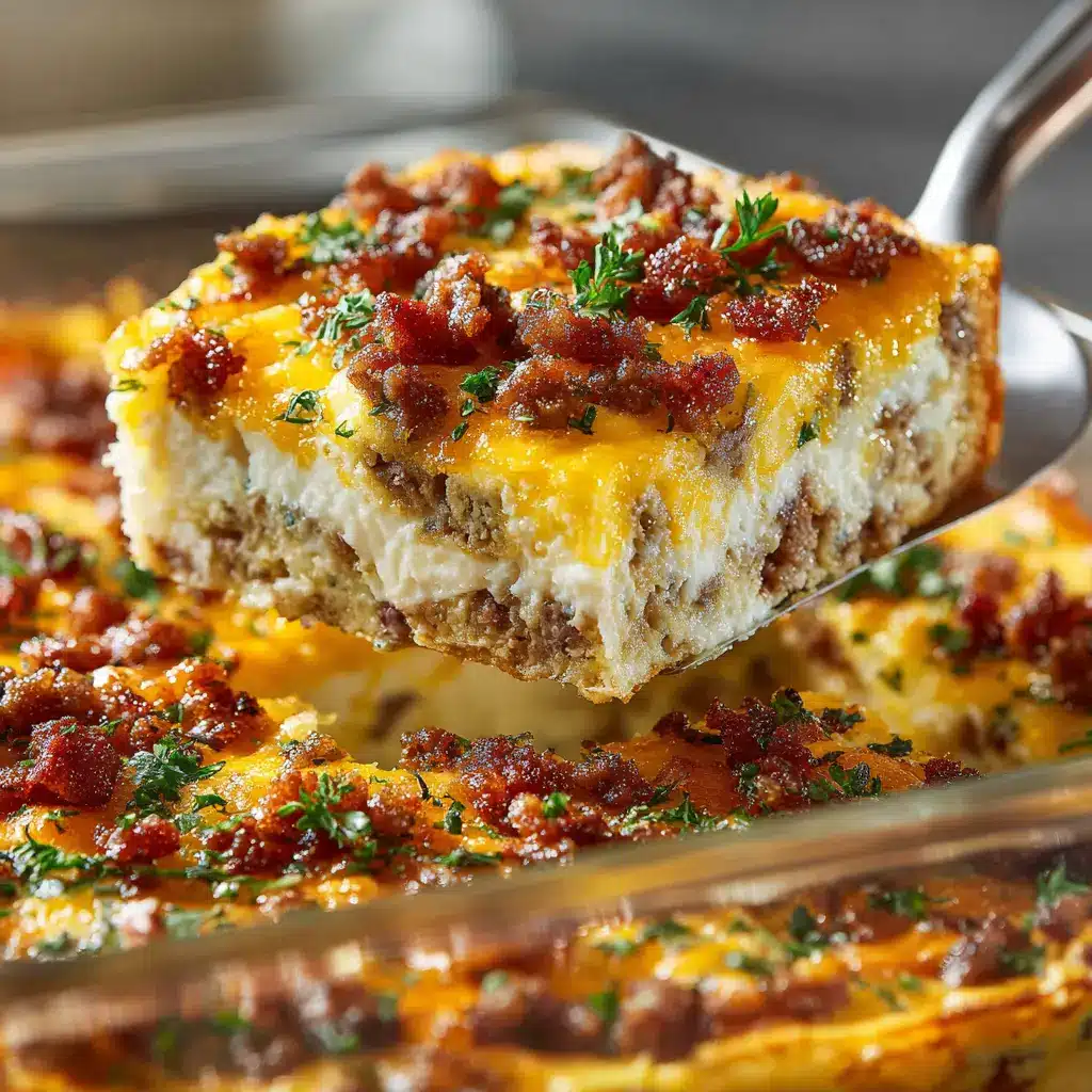 Extreme close-up of a cheesy bacon breakfast casserole, highlighting the fluffy eggs and melted cheddar cheese.