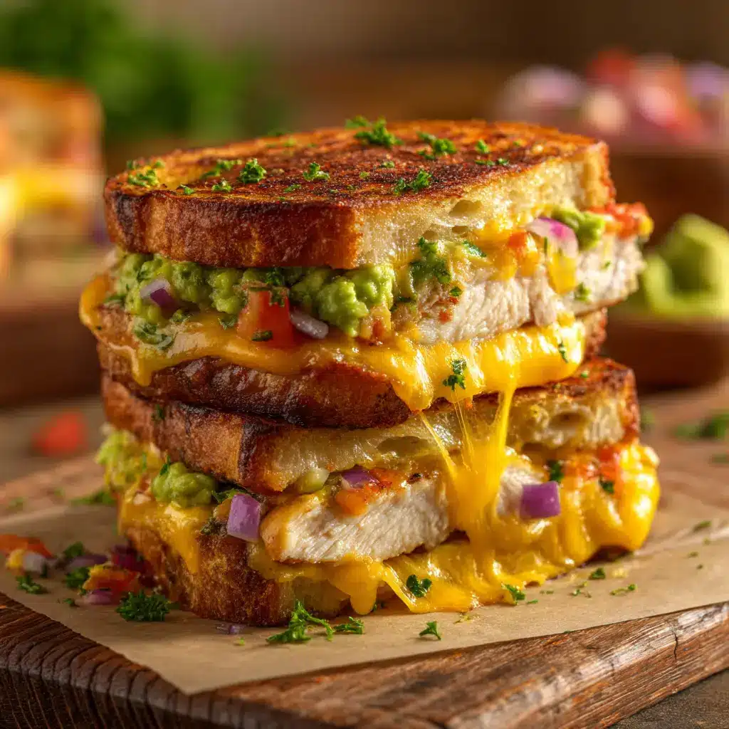 A cheesy chicken avocado melt sandwich being pulled apart, showcasing an epic cheese pull and the layers of chicken and avocado inside.