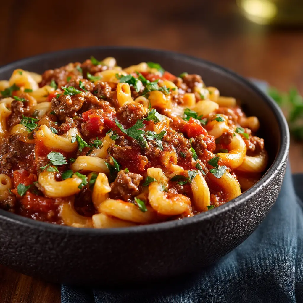 A spoonful of cheesy ground beef and macaroni being lifted from a bowl of one pot beefaroni.