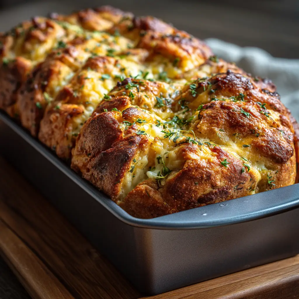 A slice of homemade cheesy bread being pulled apart, showing melted cheddar cheese stretching from the loaf.