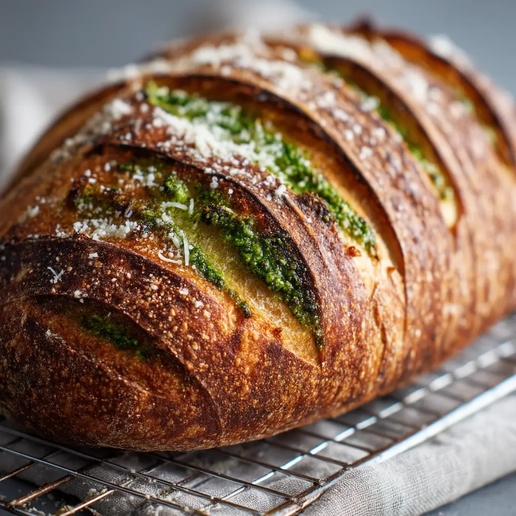 A close-up shot of the savory sourdough bread crumb, showing the vibrant green pesto swirls and pockets of melted parmesan.