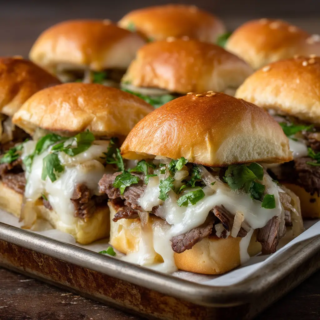 A single Philly cheesesteak slider being pulled from the tray, with a satisfying cheese pull of provolone.