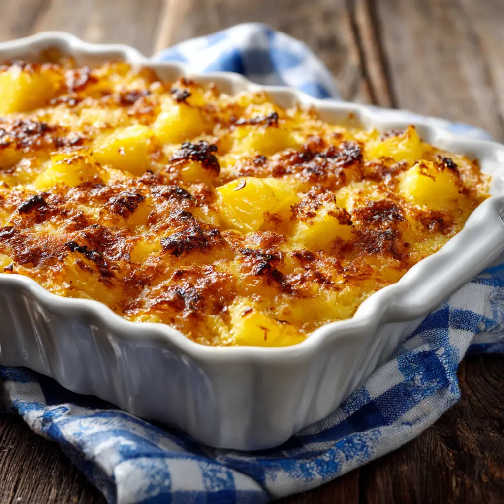 A spoon scooping a serving of cheesy pineapple bake from a casserole dish, showing the texture of the filling and crunchy topping.