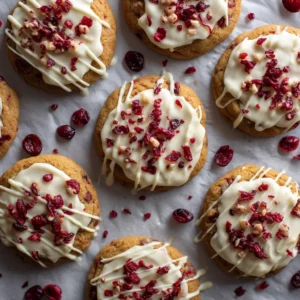 An overhead flat lay of freshly baked chewy cranberry cookies cooling on a wire rack before being frosted.