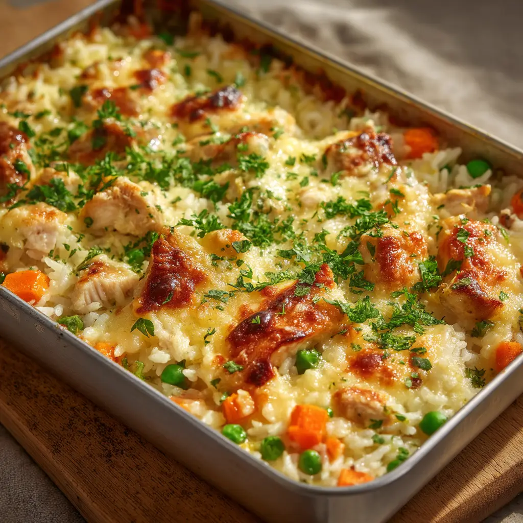 The chicken and rice casserole ingredients laid out before mixing, including chicken, rice, cheese, and soup. This shows how simple it is to make this casserole from scratch.