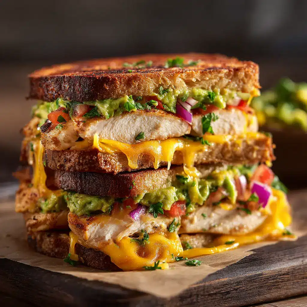 Step-by-step assembly of the Chicken Avocado Melt, showing the layers of cheese, chicken salad, and fresh avocado on a slice of sourdough bread.