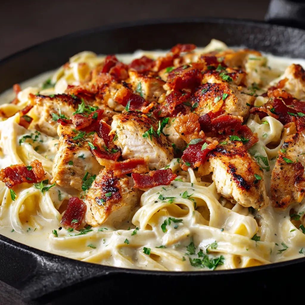Chicken Bacon Ranch Pasta (The Ultimate Creamy Recipe) 2 A close-up shot of a fork twirling chicken bacon ranch pasta, highlighting the creamy sauce coating the penne, chicken, and bacon.