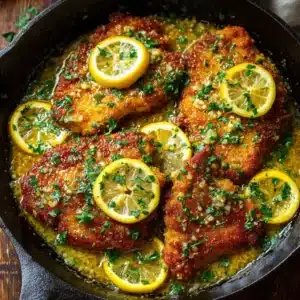 A close-up of a perfectly cooked chicken Francese cutlet, showing the crispy egg-parmesan coating and glistening lemon sauce.