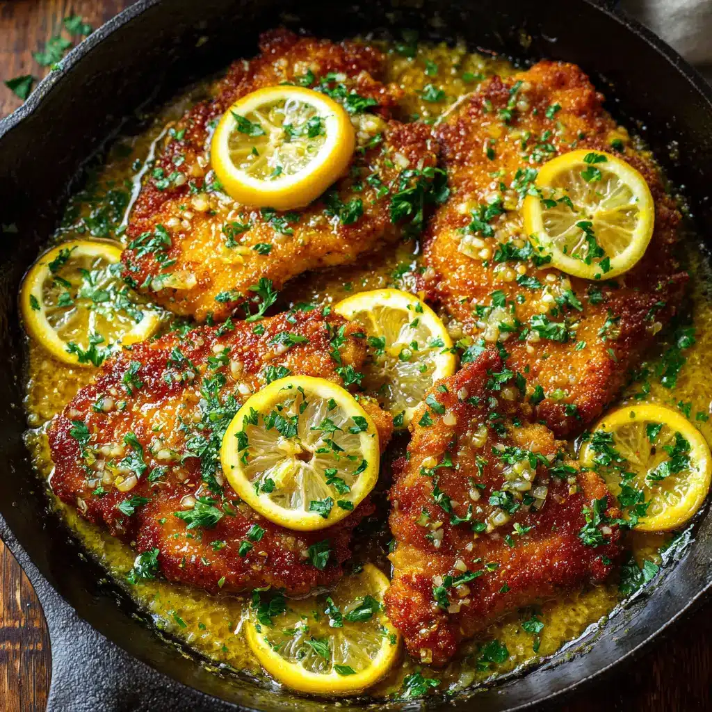 A close-up of a perfectly cooked chicken Francese cutlet, showing the crispy egg-parmesan coating and glistening lemon sauce.