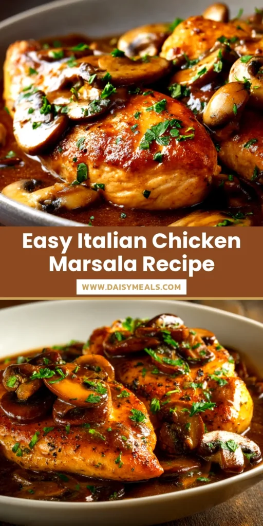 An easy and delicious Chicken Marsala Recipe served in a white bowl, showing tender chicken and a creamy mushroom sauce, garnished with parsley.