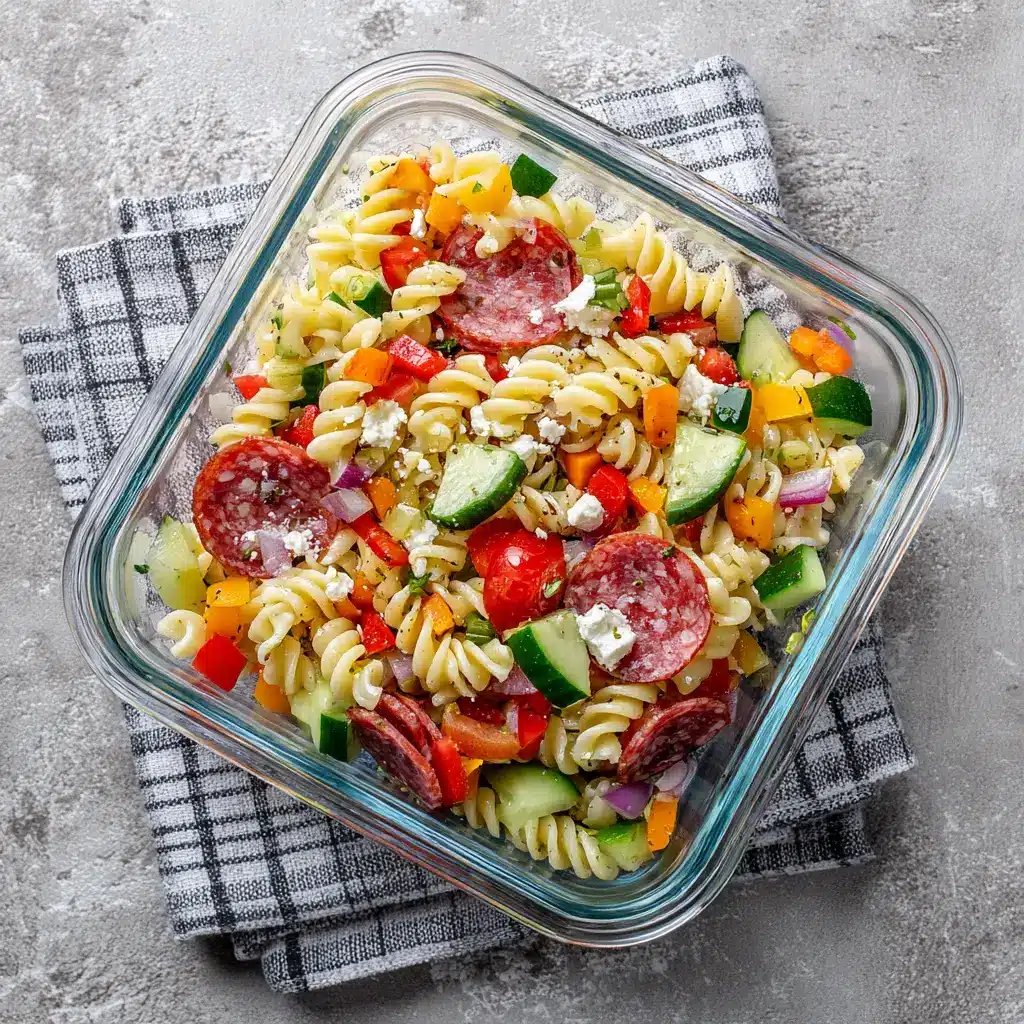 High-Protein Italian Pasta Salad (Easy & Flavorful) 1 A vibrant bowl of chicken pasta salad with Italian dressing being drizzled over the top. The image showcases the fresh ingredients ready to be mixed.