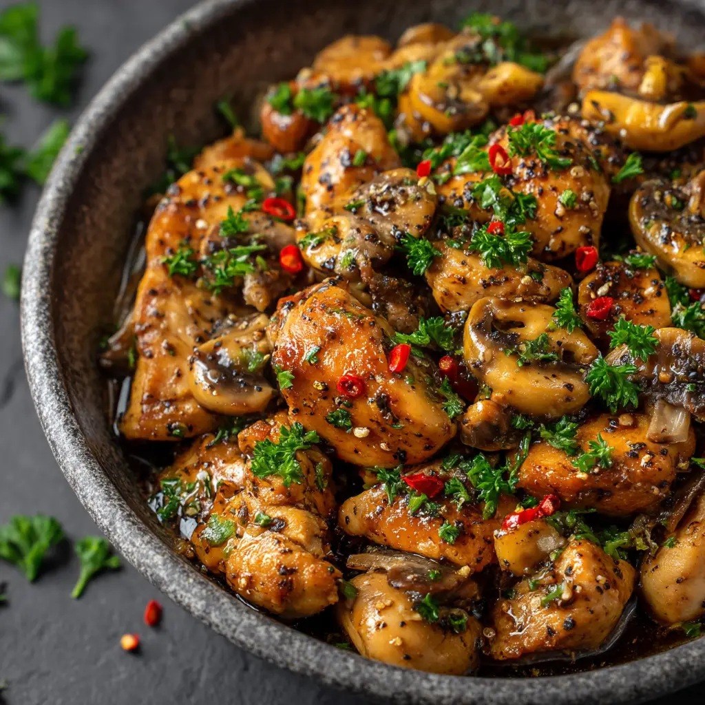 Black Pepper Chicken (Easy 20-Minute Recipe!) 2 A close-up high-angle shot of savory Chinese black pepper chicken stir-fry served in a white bowl with rice.