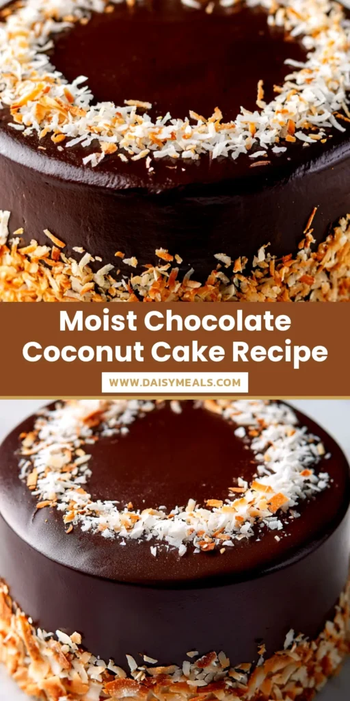 A stunning slice of moist chocolate coconut cake on a white plate, showcasing layers of rich chocolate cake and creamy coconut frosting, with shredded coconut on top.