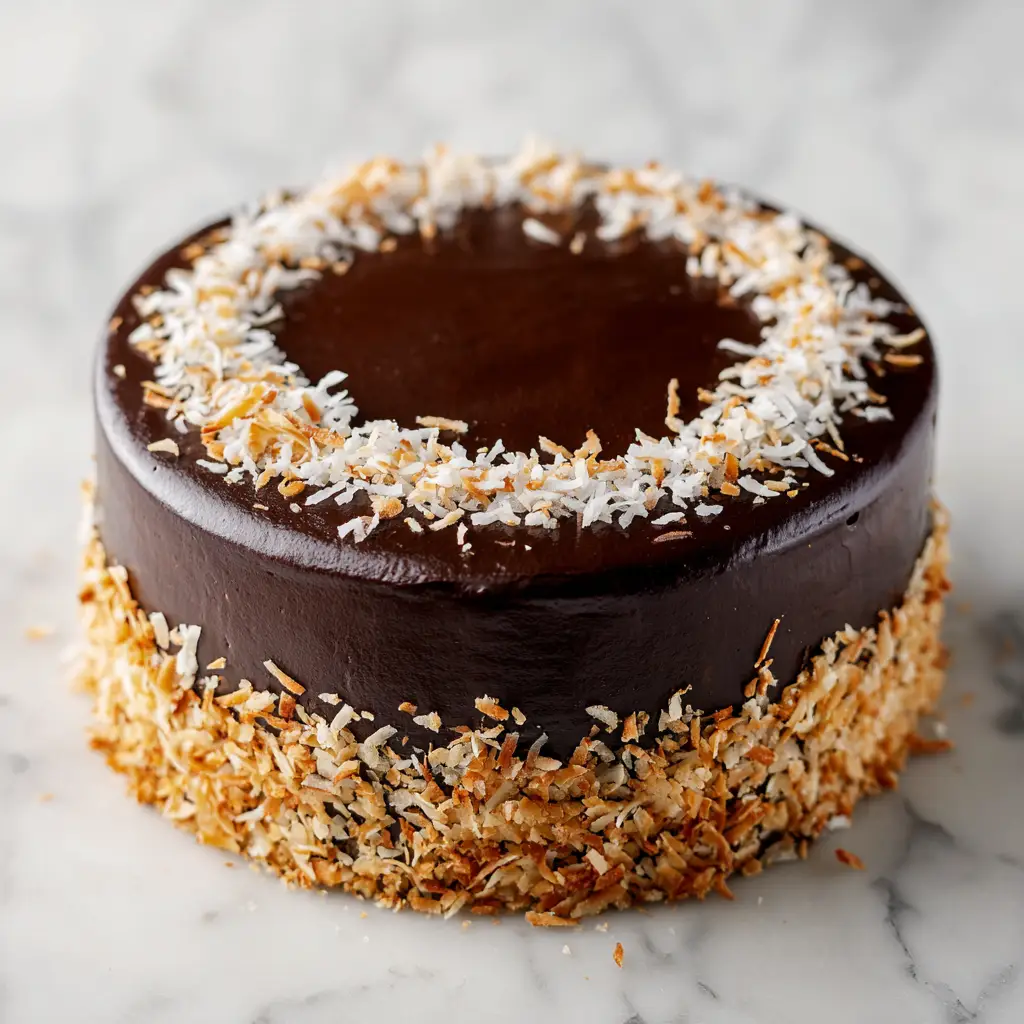 A close-up overhead shot of the chocolate coconut cake, showing the texture of the coconut frosting and the rich, dark chocolate color of the cake.
