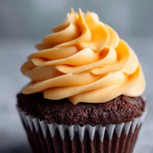 A detailed close-up of a rich chocolate cupcake topped with a generous swirl of fluffy pudding buttercream icing.