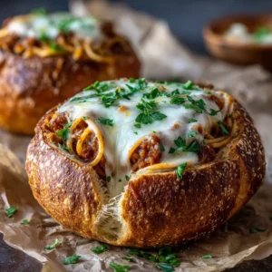 A close-up shot of a single spaghetti garlic bread bowl, showcasing the melted cheese and hearty meat sauce filling.
