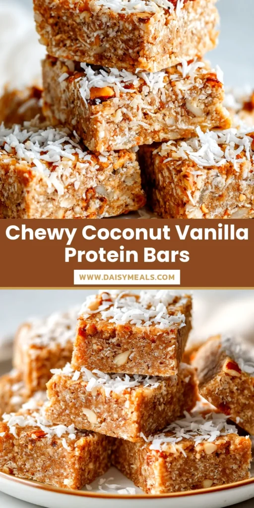 A stack of delicious no-bake coconut vanilla protein bars, ready to be eaten. The perfect healthy, homemade snack.