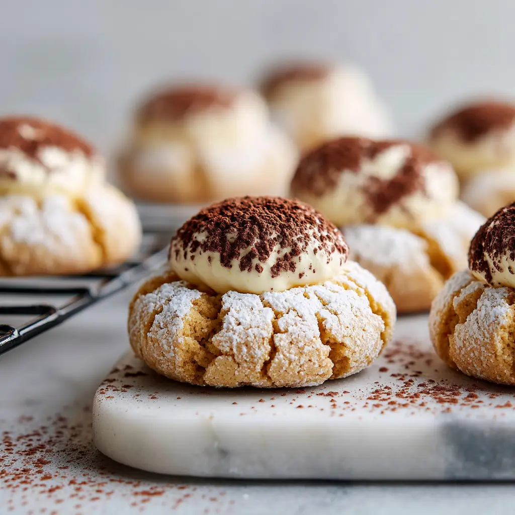 A close-up shot of several tiramisu crinkle cookies arranged on a cooling rack, highlighting their perfect crinkled texture.