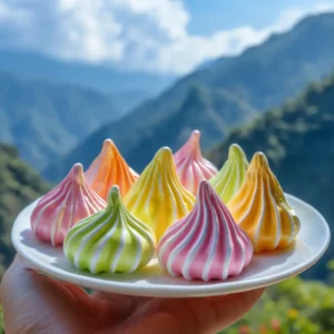 A close-up shot of colorful meringue cookies, showing their crisp texture and vibrant swirls of flavor.