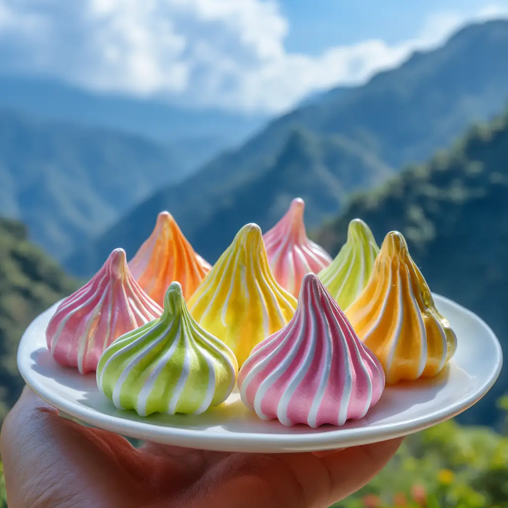 A close-up shot of colorful meringue cookies, showing their crisp texture and vibrant swirls of flavor.
