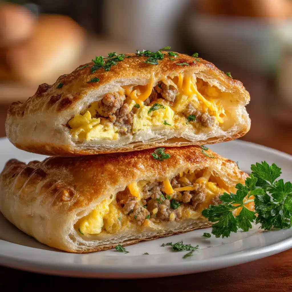 A pair of perfectly baked sausage egg and cheese pockets with a golden, flaky crust, ready to be eaten.