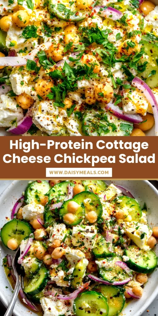 A bright overhead shot of a creamy Cottage Cheese Chickpea Salad in a white bowl, garnished with fresh dill. Perfect for a healthy, high-protein lunch.