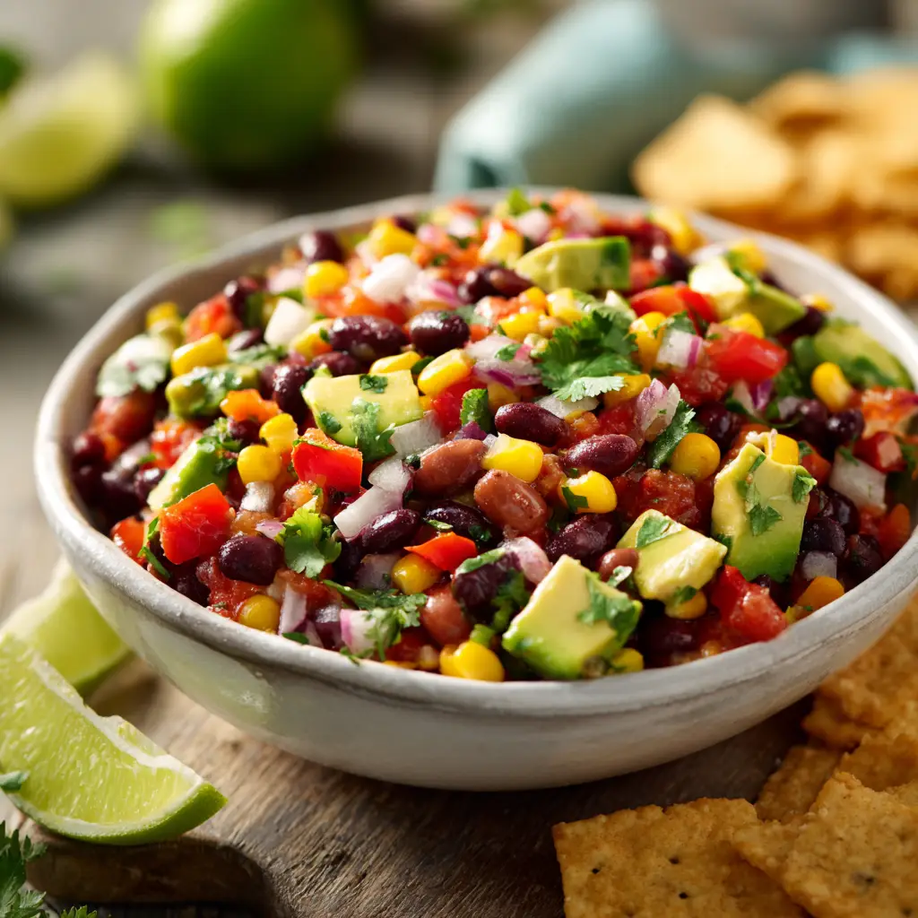 A close-up shot of the fresh ingredients in a bowl for the Cowboy Caviar recipe, showing the vibrant colors of the beans, corn, and chopped vegetables.