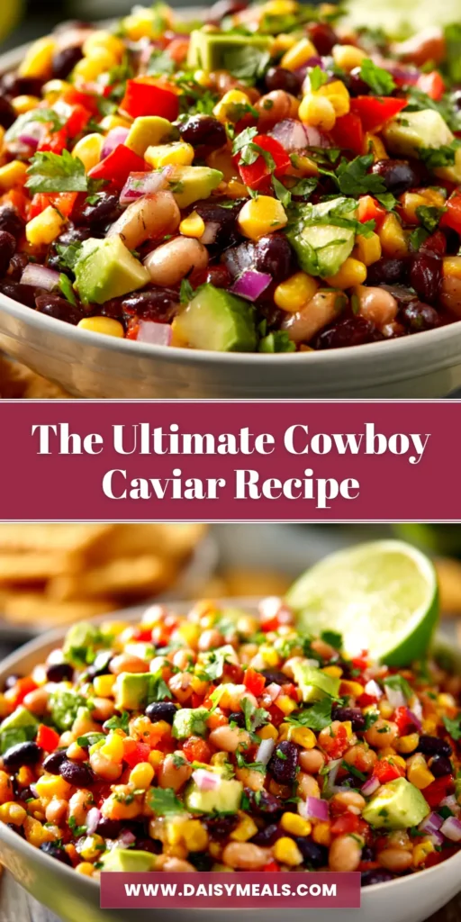 An overhead shot of the best Cowboy Caviar Recipe in a large white bowl, surrounded by tortilla chips. The colorful bean dip is ready to be served as a party appetizer.