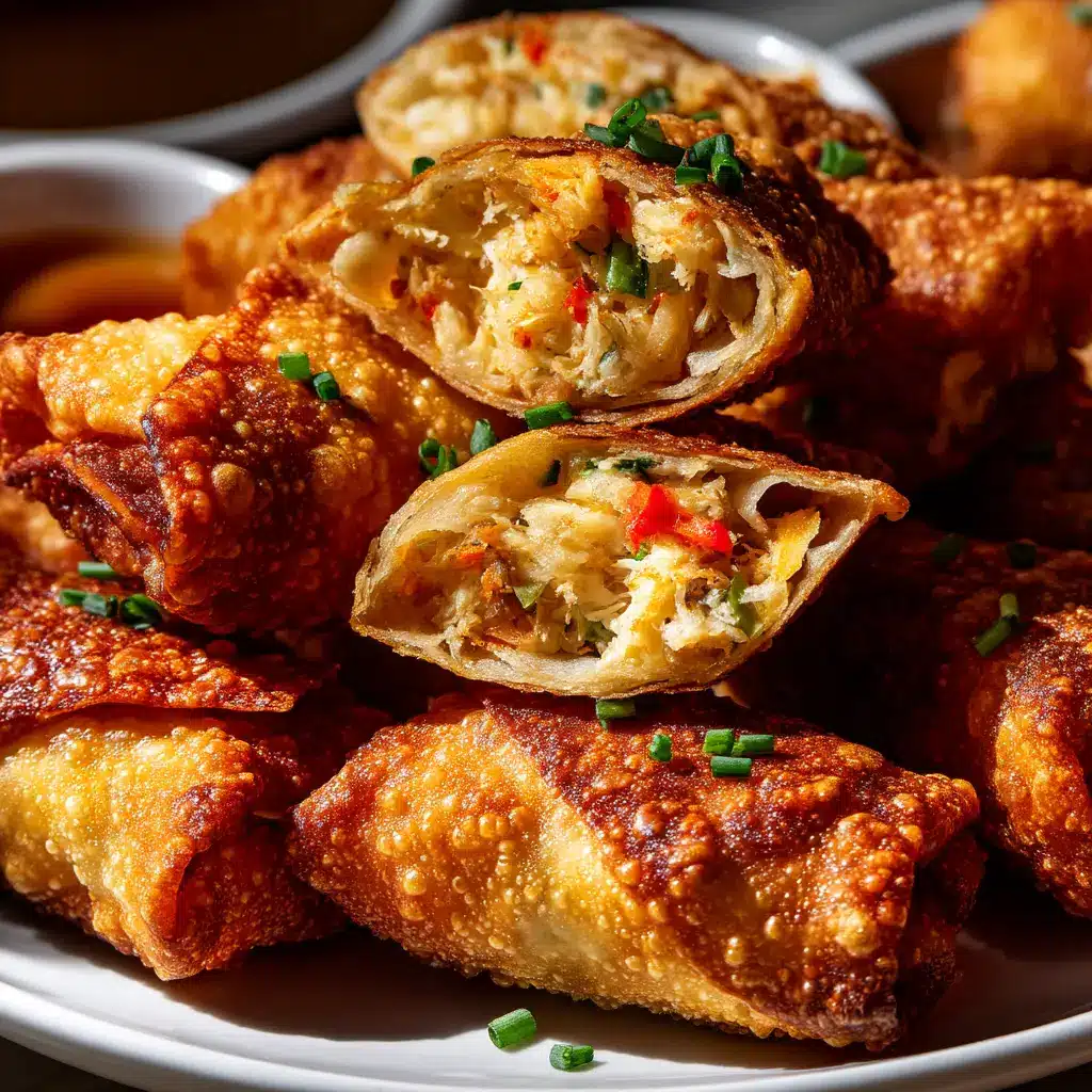 A single Crab Cake Egg Roll cut in half to show the creamy, savory lump crab meat filling inside.