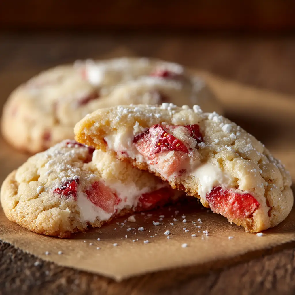 Two strawberry cheesecake cookies stacked, with the top cookie split to reveal the gooey, creamy cheesecake center.