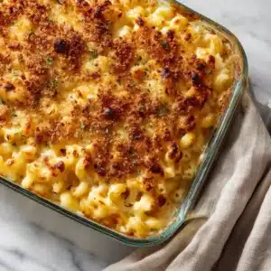 A spoonful of creamy homemade baked mac and cheese being lifted from a casserole dish, demonstrating the rich and velvety cheese sauce.