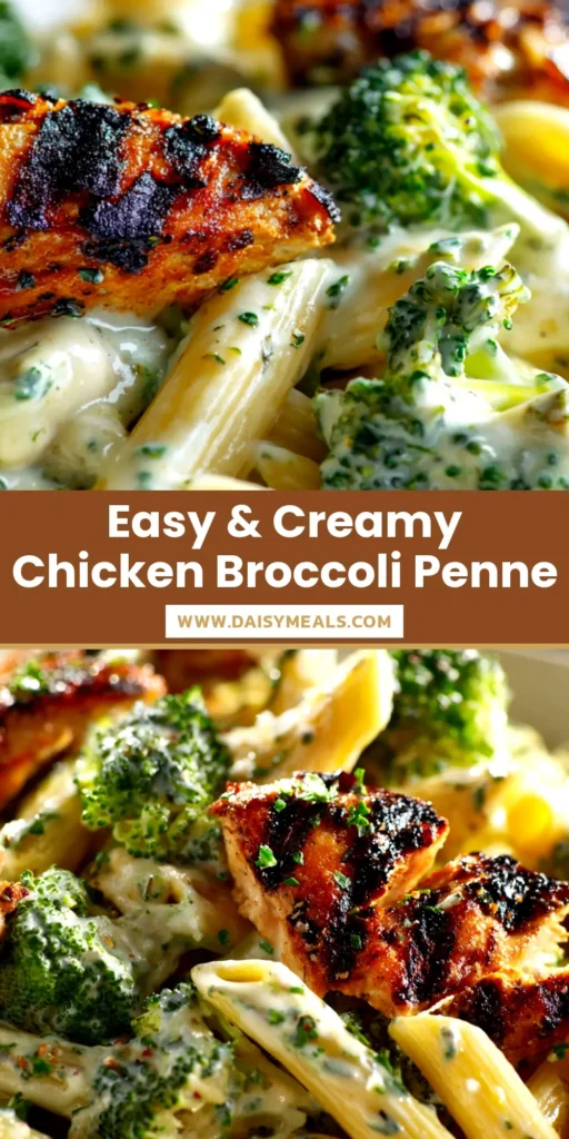 A large white bowl filled with creamy chicken and broccoli penne, garnished with parmesan cheese. The pasta is coated in a rich, white sauce.