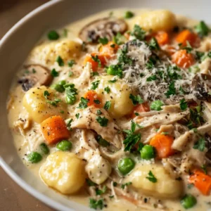 A close-up overhead view of the creamy chicken and gnocchi filling for the pot pie, simmering in a skillet with carrots and peas.