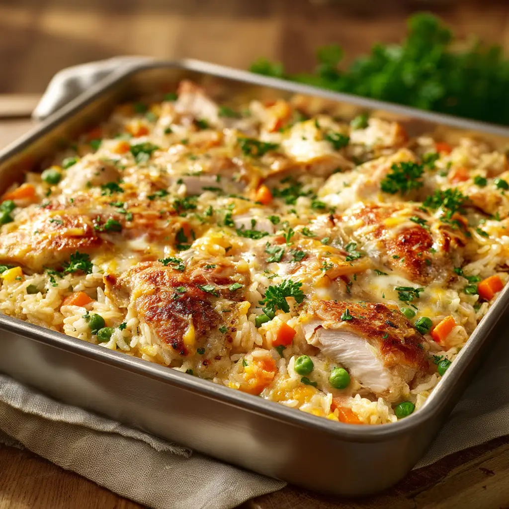 A scoop of creamy chicken and rice casserole on a white plate, showcasing the tender chicken, fluffy rice, and cheesy sauce. This highlights the delicious texture of the casserole.