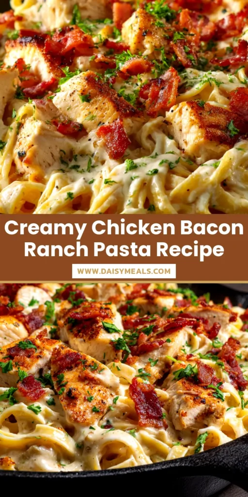 Chicken Bacon Ranch Pasta (The Ultimate Creamy Recipe) 3 A large white bowl filled with creamy chicken bacon ranch pasta, garnished with fresh herbs and crispy bacon bits, shown on a rustic wooden background.
