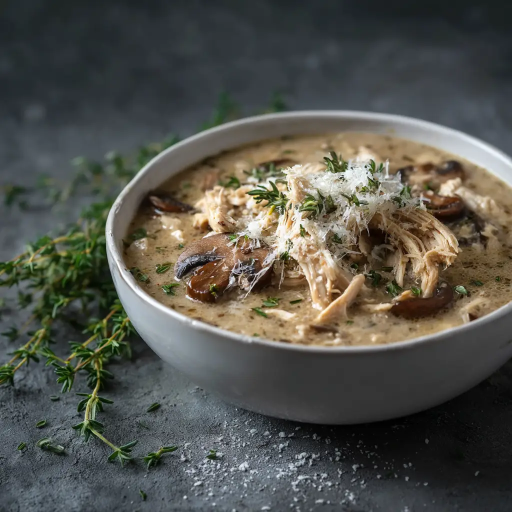 A rustic bowl of homemade chicken and mushroom soup on a dark wooden surface, showcasing the creamy texture and chunks of chicken.