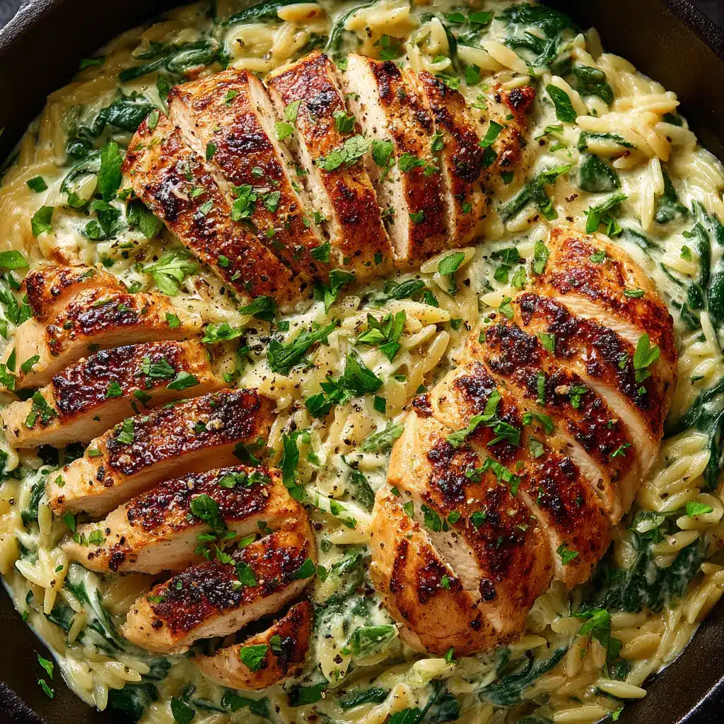 A skillet filled with creamy chicken orzo pasta, with fresh spinach stirred in. The Boursin cheese has melted into a rich sauce.