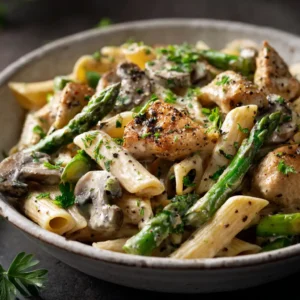 A skillet filled with creamy chicken pasta, showing the rich texture of the garlic parmesan sauce coating the penne and chicken pieces.