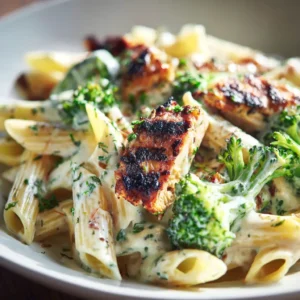 An extreme close-up shot of the creamy chicken penne pasta, showing the texture of the garlic cream sauce clinging to a piece of chicken and broccoli.