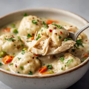 A close-up view of the creamy chicken stew with tender chicken, carrots, and celery, forming the base of our southern chicken and dumplings.