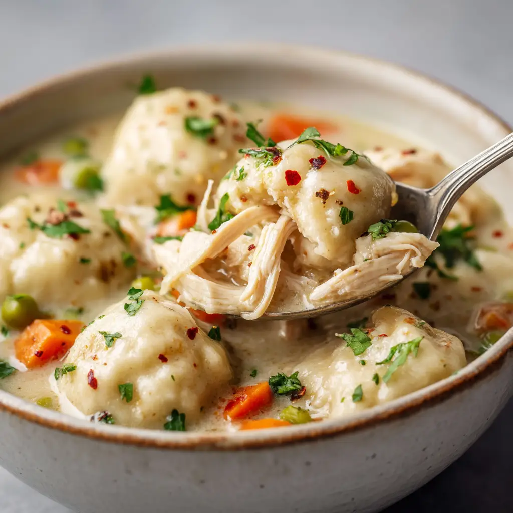 A close-up view of the creamy chicken stew with tender chicken, carrots, and celery, forming the base of our southern chicken and dumplings.