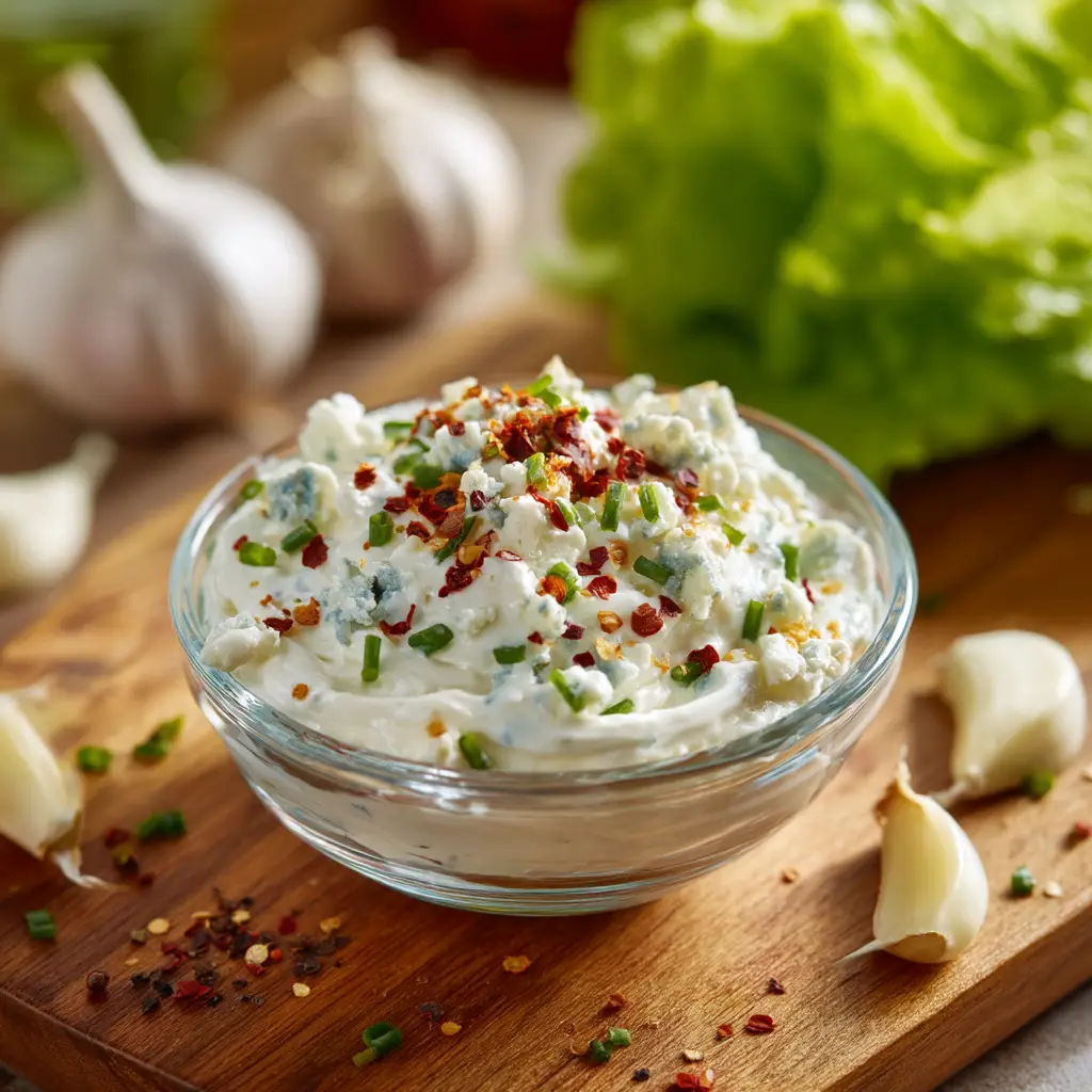 A small glass jar filled with creamy blue cheese dressing, with a spoon resting inside. The dressing has visible chunks of blue cheese and herbs.